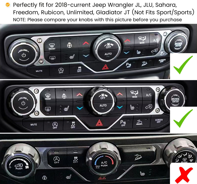 Silver Volume AC Tune Knobs & Headlight Switch Covers For Jeep 18-up Wrangler JL