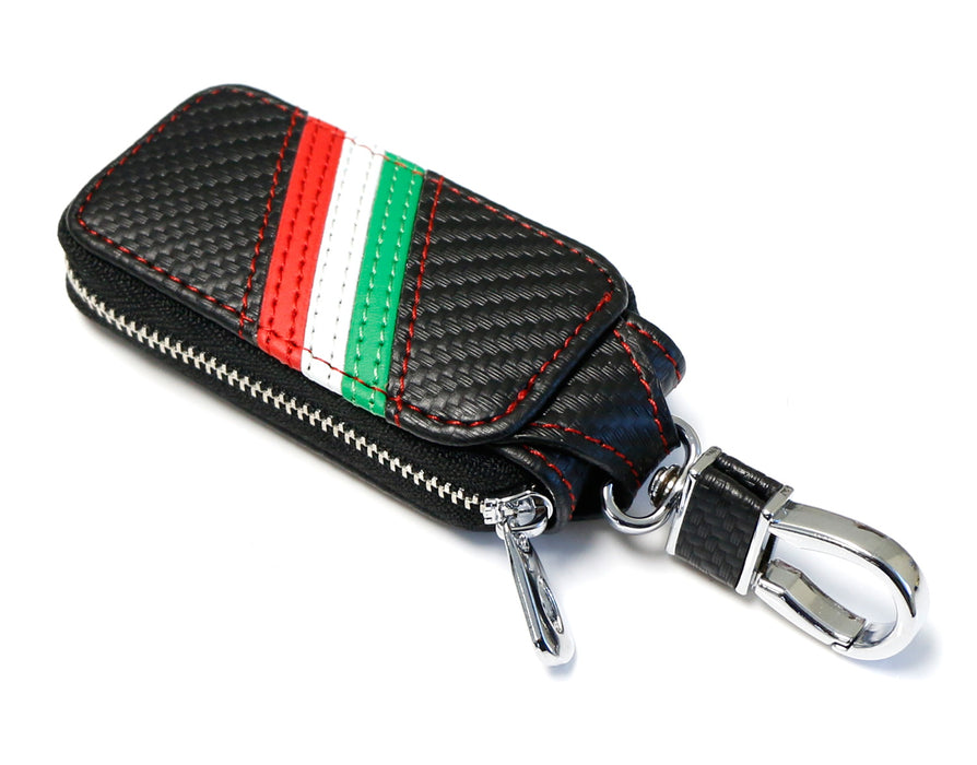 Italian Flag Stripe Carbon Fiber Leather Key Holder Cover For Fiat Ferrari, etc