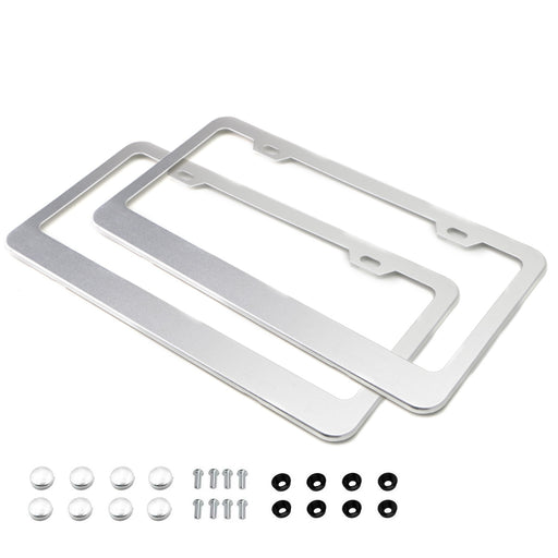 2pc Premium Silver Slim 2-Hole License Plate Frame with Screws/Fasteners & Caps