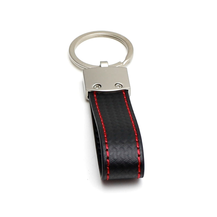 Twill Weave "Carbon" Style Black Leather Strap Key Chain w/ Sports Red Stitching