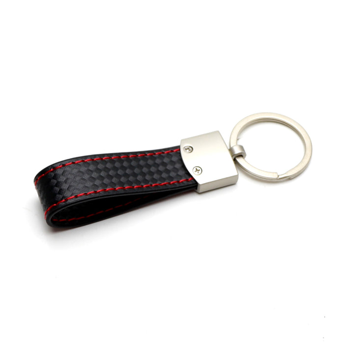 Twill Weave "Carbon" Style Black Leather Strap Key Chain w/ Sports Red Stitching