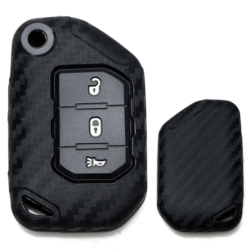 Carbon Fiber Silicone 3B Key Fob Cover For Jeep 2018+ Wrangler JL Gladiator JT