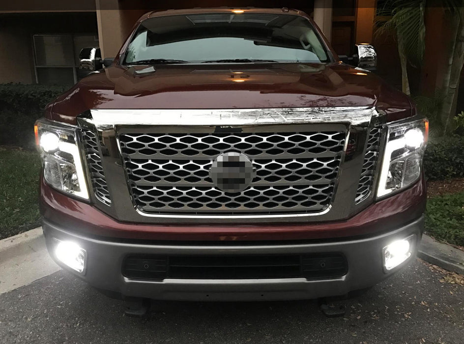 Chrome Bezel Clear Lens Fog Lamps w/White LED Light Bulbs For 17-19 Nissan Titan