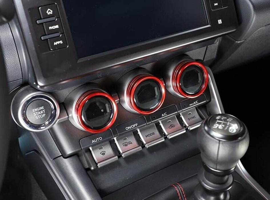 5pc Red Aluminum AC Stereo Tune Turn-Knob Covers For 22+ Subaru BRZ Toyota GR86