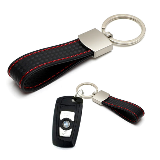 Twill Weave "Carbon" Style Black Leather Strap Key Chain w/ Sports Red Stitching