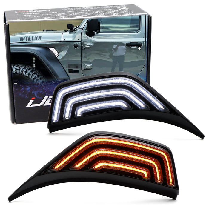 Smoked Lens White/Amber Sequential Blink LED Fender Flare Lights For Wrangler JL