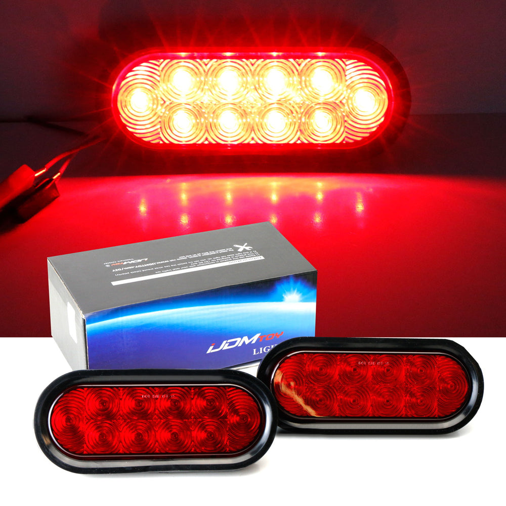 6-1/2" Red Lens 10-LED Surface Mount Oval Shape Stop-Turn Tail Lights For Trucks