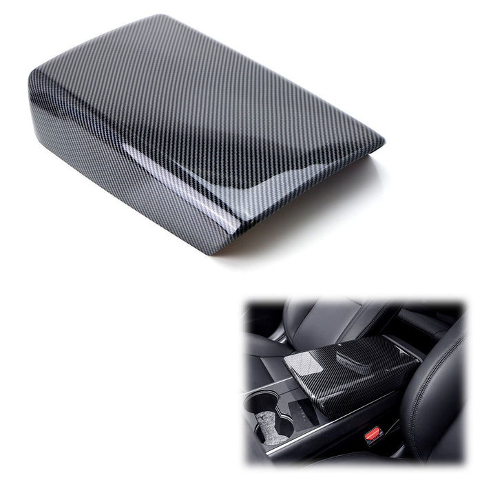 Piano Black Gloss Finish Carbon Fiber Pattern Armrest Hard Cover For Tesla 3 Y