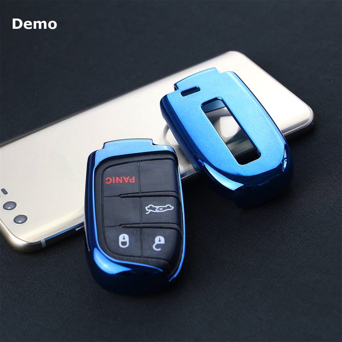 Chrome Blue TPU Key Fob Case For Dodge Charger Challenger Jeep Chrysler, etc