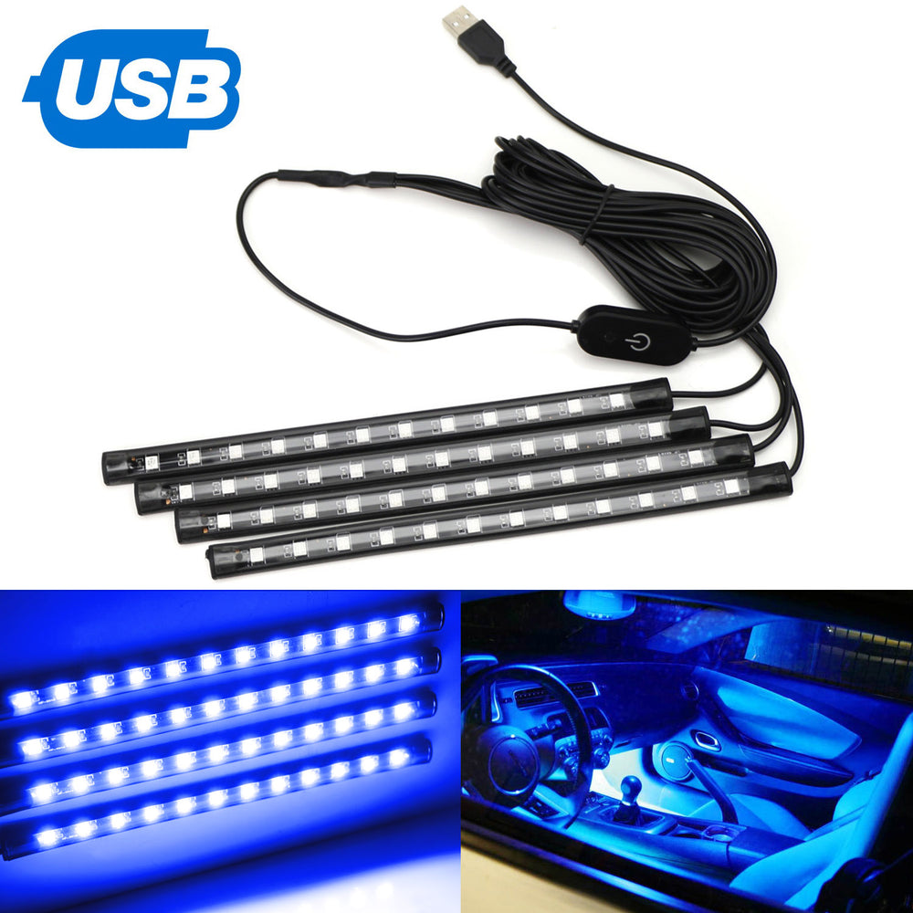 4pc 9" Blue LED Ambient Styling Lighting Kit Car Interior Decoration (5V USB)